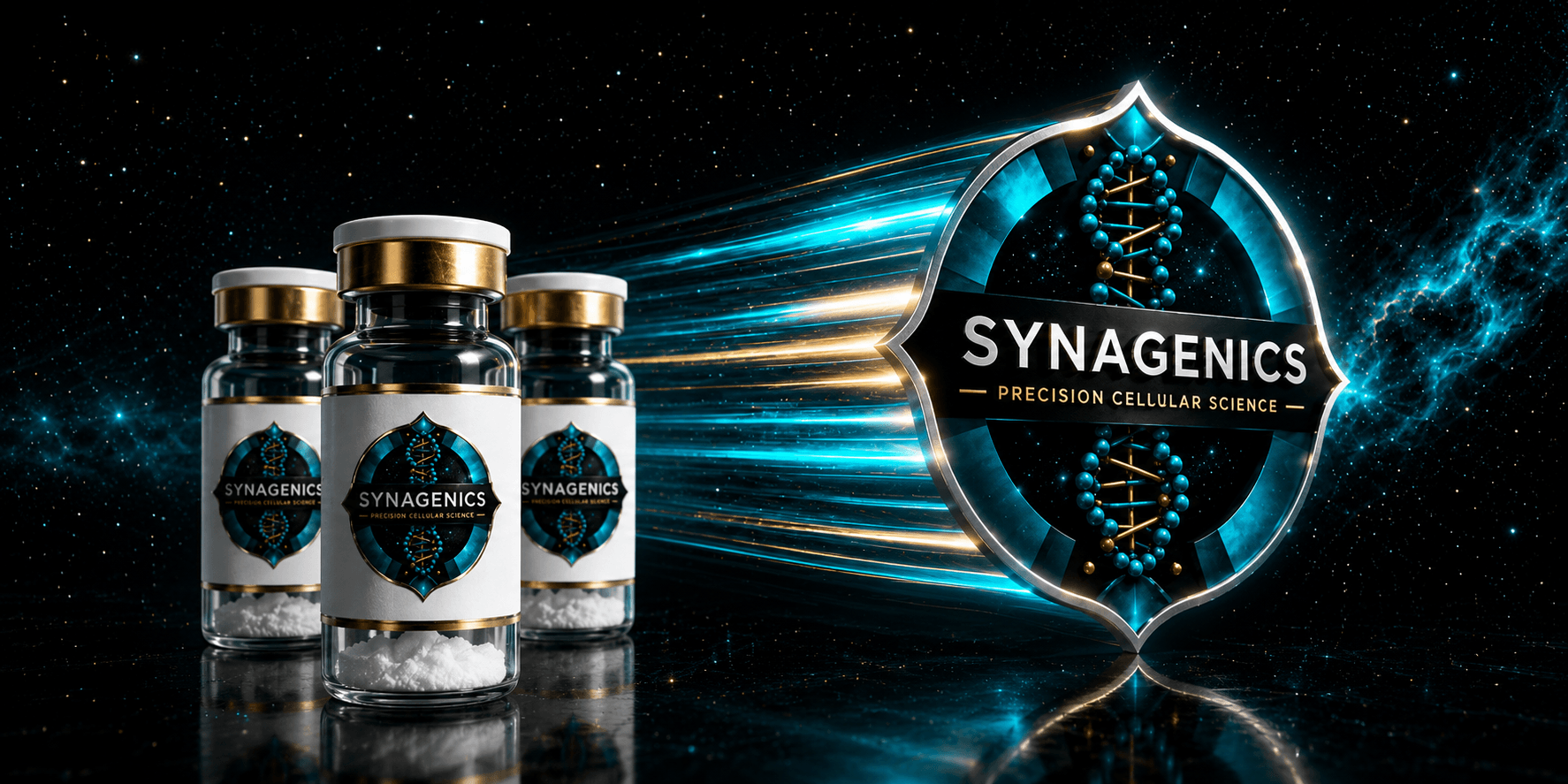 Synagenics research peptide vials with the Precision Cellular Science logo