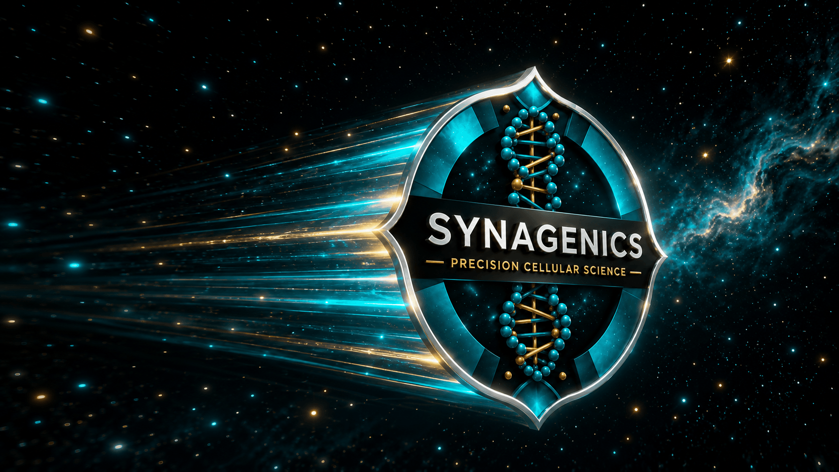 Synagenics Precision Cellular Science emblem on a dark cosmic background