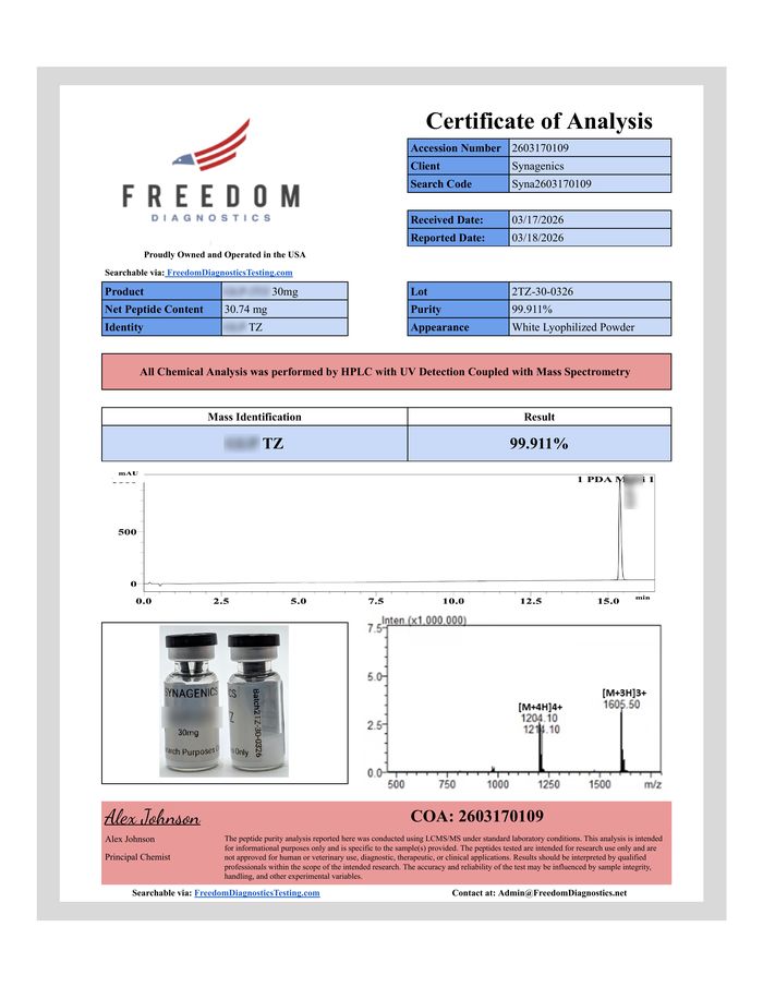 Certificate of analysis for SYN-2T 30 mg, lot 2TZ-30-0326, Freedom Diagnostics