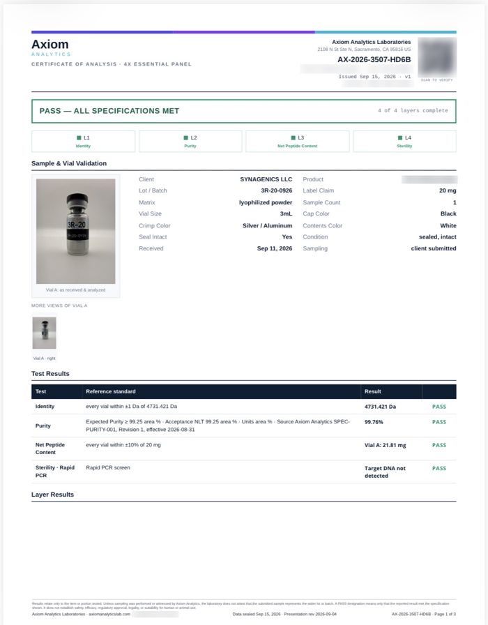 Certificate of analysis for 3R-20, lot 3R-20-0926, Axiom Analytics