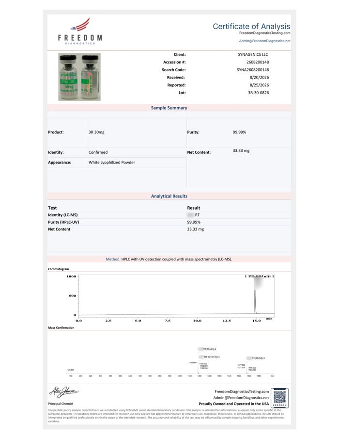 Certificate of analysis for 3R 30 mg, lot 3R-30-0826, Freedom Diagnostics