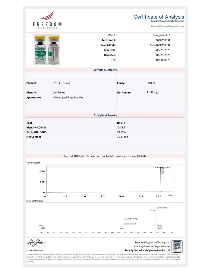 Certificate of analysis for SYN-3RT 10 mg, lot 3RT-10-0626, Freedom Diagnostics