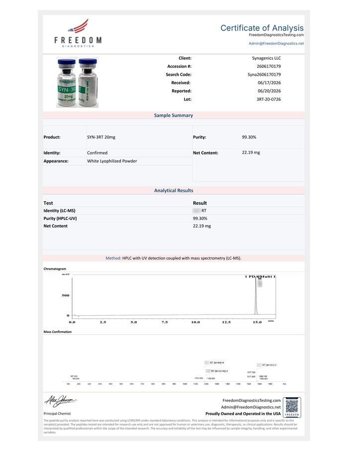 Certificate of analysis for SYN-3RT 20 mg, lot 3RT-20-0726, Freedom Diagnostics
