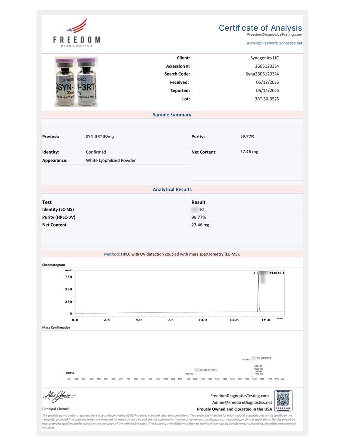 Certificate of analysis for SYN-3RT 30 mg, lot 3RT-30-0526, Freedom Diagnostics