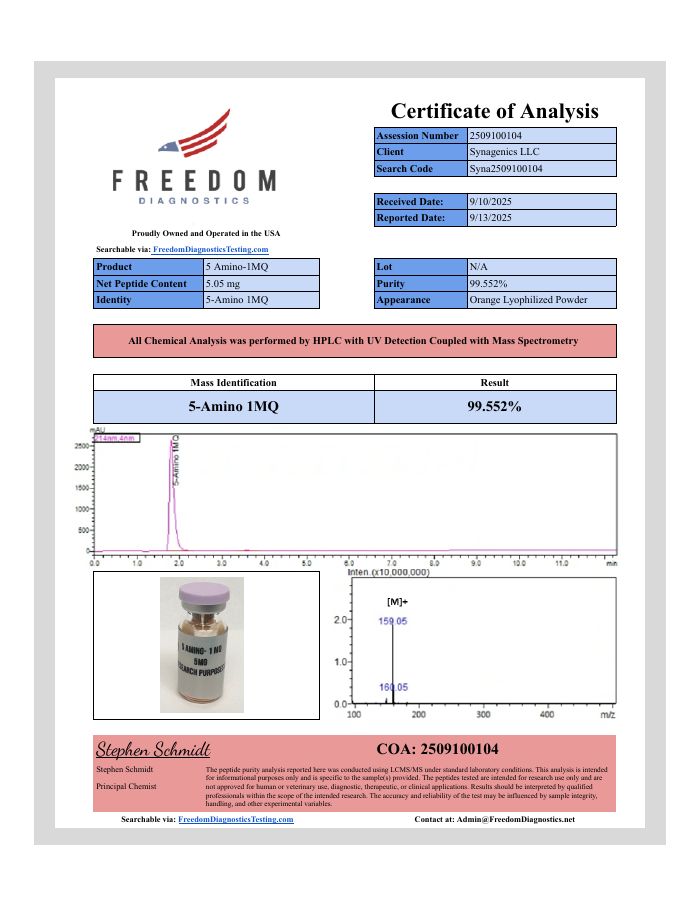 Certificate of analysis for 5-Amino 1MQ 5 mg, lot Not listed, Freedom Diagnostics