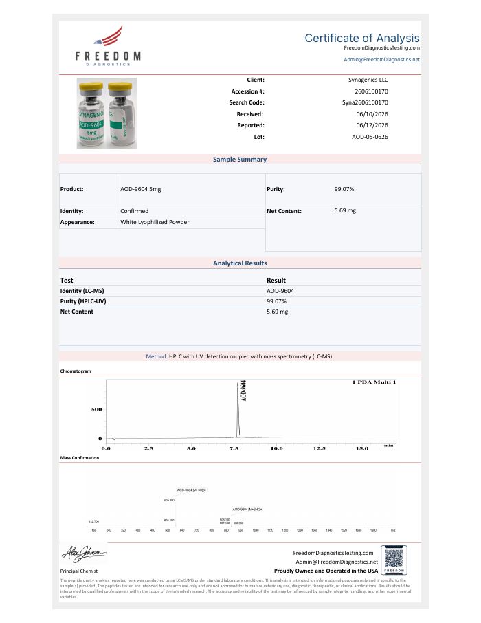 Certificate of analysis for AOD-9604 5 mg, lot AOD-05-0626, Freedom Diagnostics