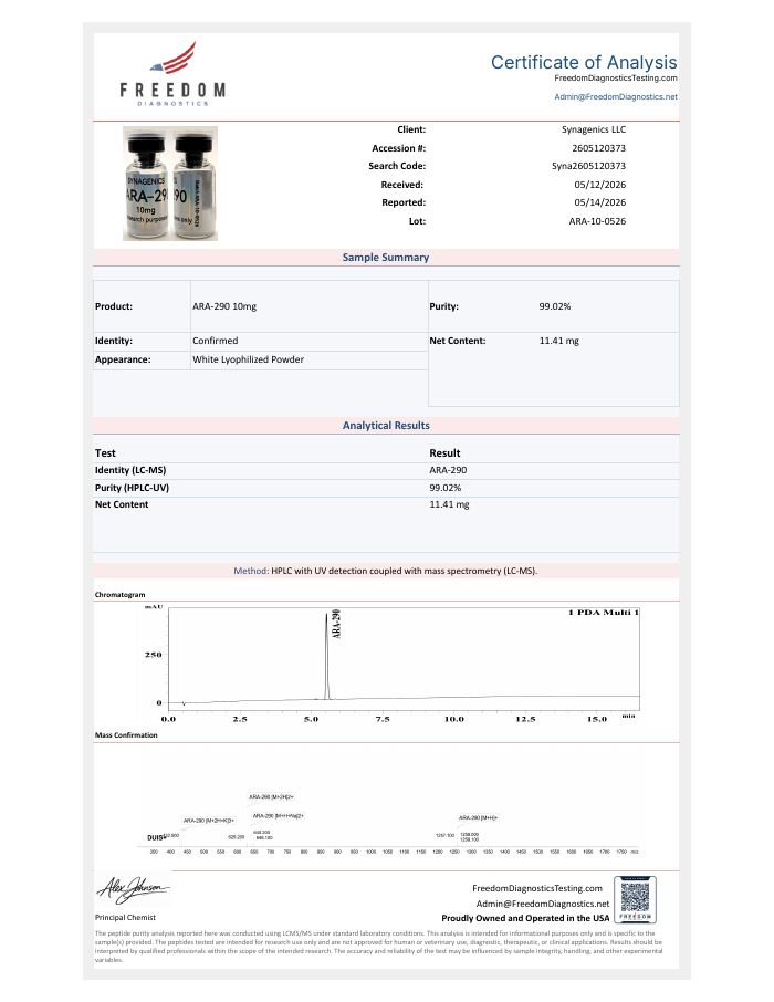 Certificate of analysis for ARA-290 10 mg, lot ARA-10-0526, Freedom Diagnostics