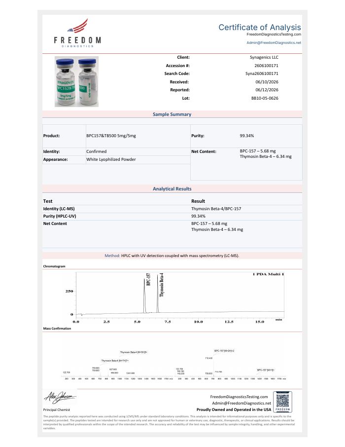 Certificate of analysis for BPC-157 & TB-500 5 mg / 5 mg, lot BB10-05-0626, Freedom Diagnostics