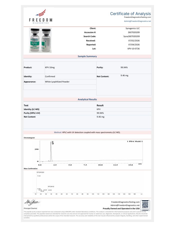 Certificate of analysis for KPV 10 mg, lot KPV-10-0726, Freedom Diagnostics