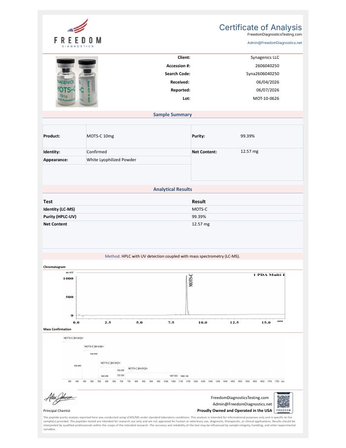 Certificate of analysis for MOTS-C 10 mg, lot MOT-10-0626, Freedom Diagnostics