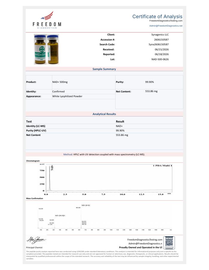 Certificate of analysis for NAD+ 500 mg, lot NAD-500-0626, Freedom Diagnostics