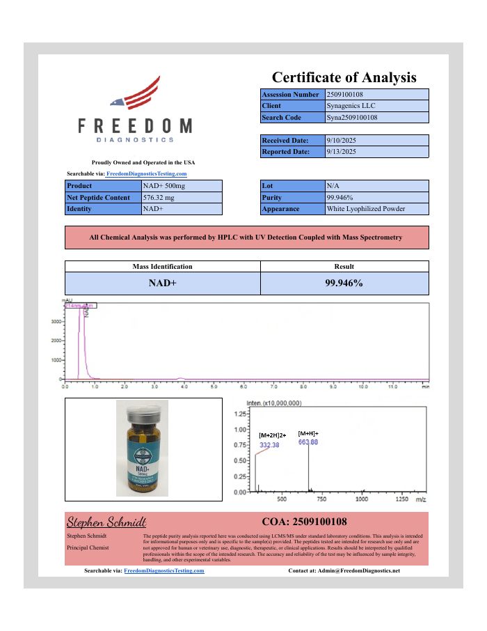 Certificate of analysis for NAD+ 500 mg, lot Not listed, Freedom Diagnostics