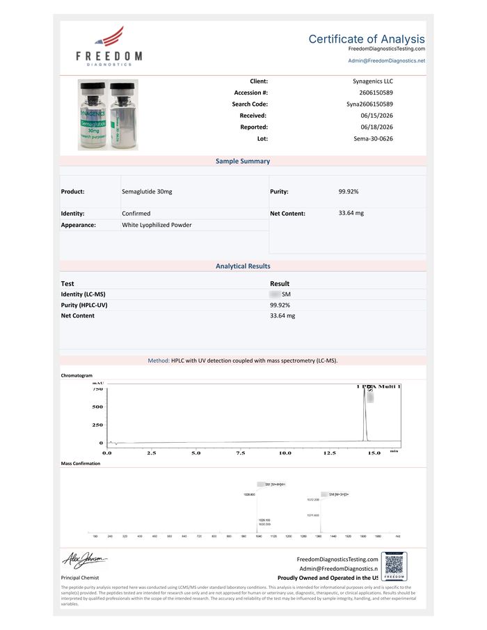 Certificate of analysis for Semaglutide 30 mg, lot SEMA-30-0626, Freedom Diagnostics