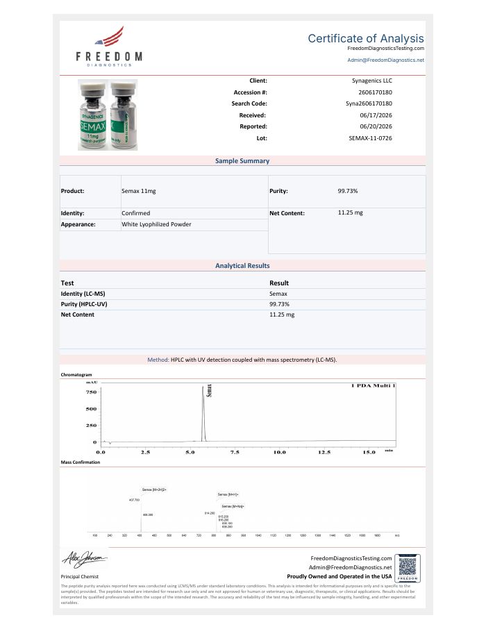 Certificate of analysis for Semax 11 mg, lot SEMAX-11-0726, Freedom Diagnostics