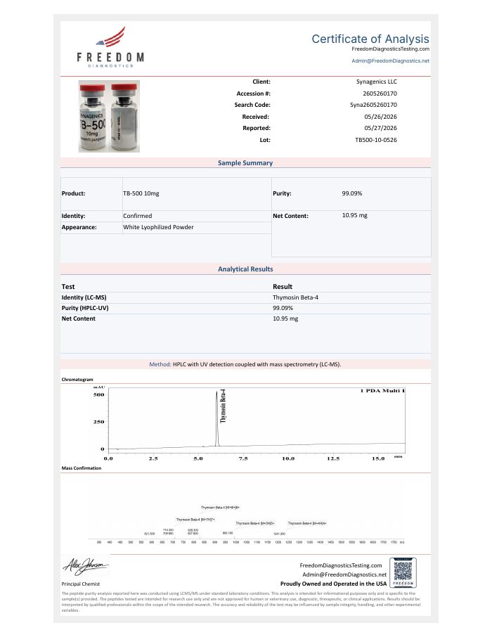 Certificate of analysis for TB-500 10 mg, lot TB500-10-0526, Freedom Diagnostics