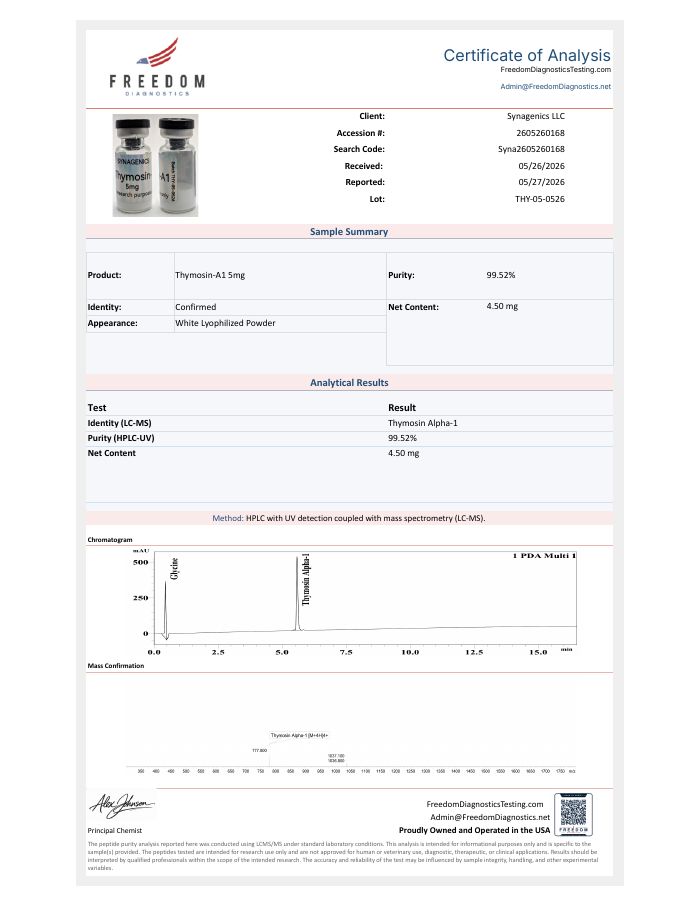 Certificate of analysis for Thymosin-A1 5 mg, lot THY-05-0526, Freedom Diagnostics